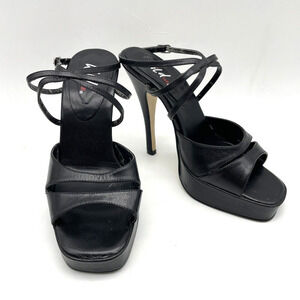 Vintage 90s Y2K Wild Pair Black Leather Square Toe Strappy Platform Heels Sz 7B